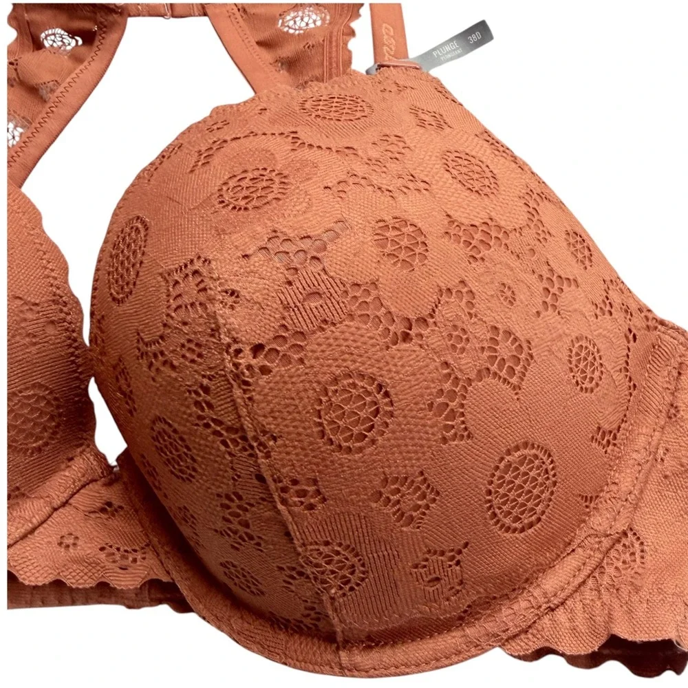 Aerie Women Terracotta Orange Floral Medallion Lace Plunge Racerback Bra 38D